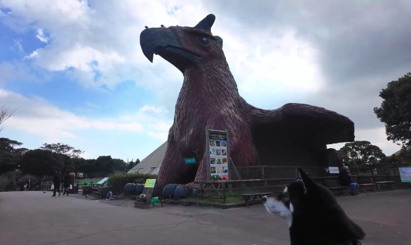 巨大な恐竜の像の前にいる柴犬