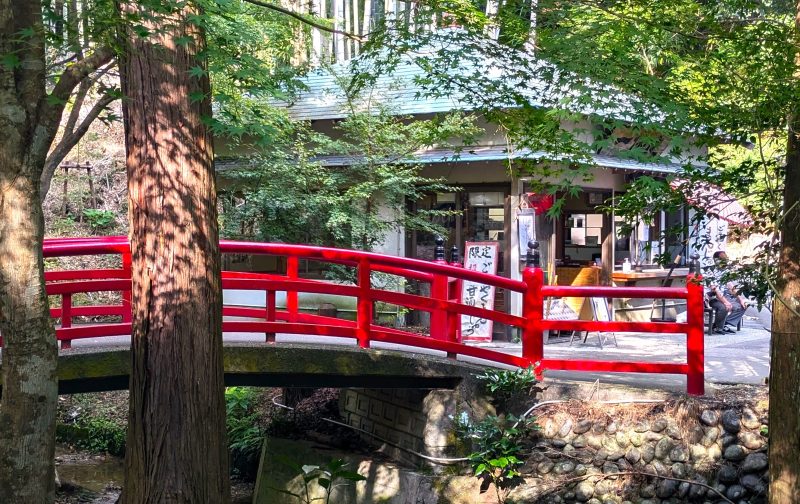 赤い太鼓橋のある風景